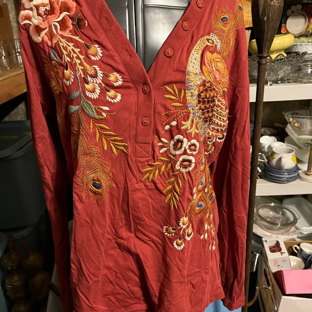 Johnny Was Peacock Embroidered Blouse